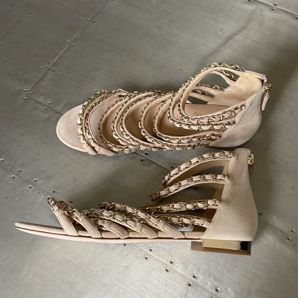 Chanel kid suede beige flat chain gold sandal RARE sz 38 $1750